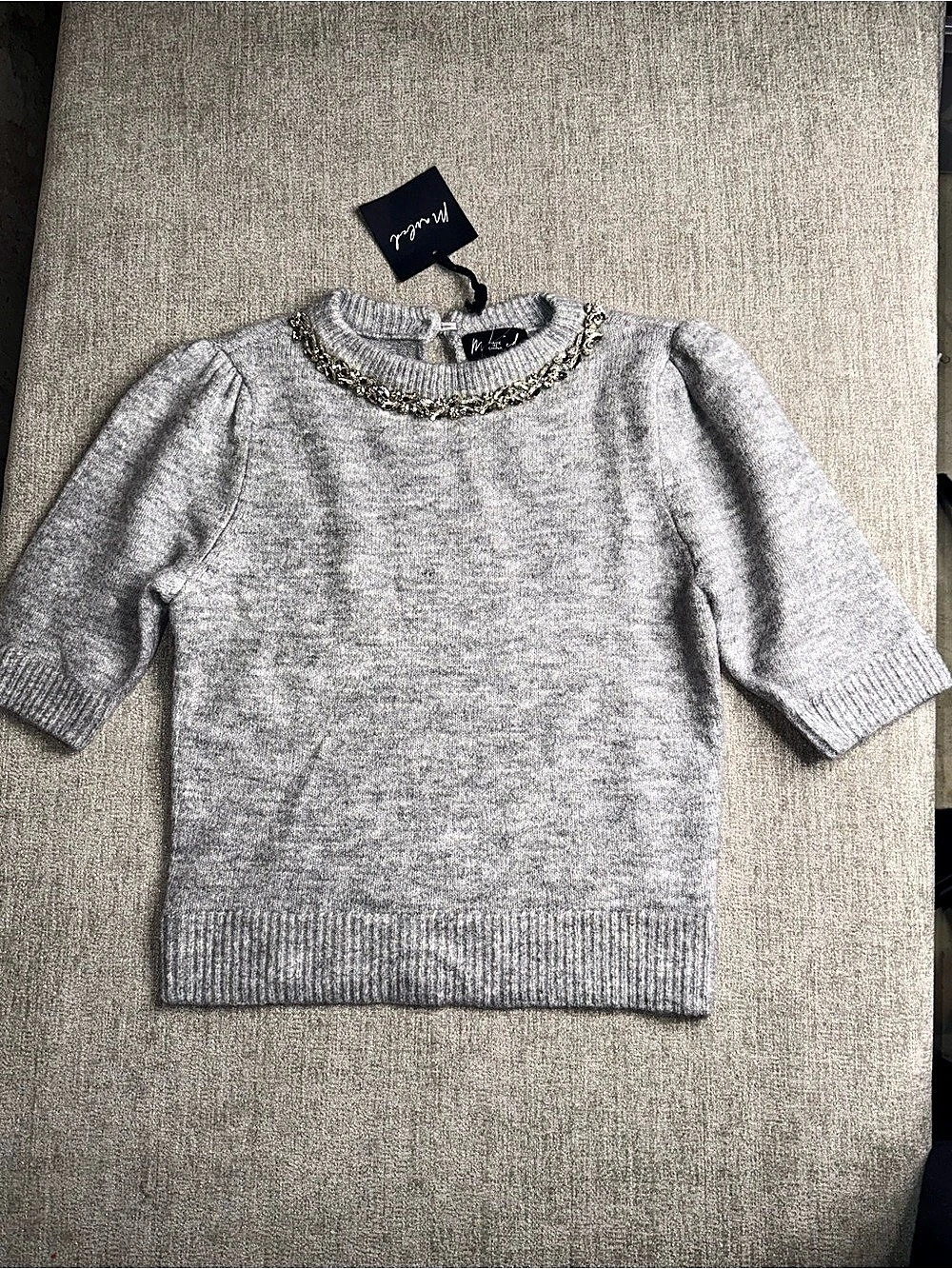 Marled Gray Jeweled Rhinestone Puff Sleeve Sweater Size S NWT